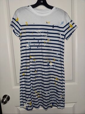 Navy & White Striped Tee Dress with Paint Splatter
